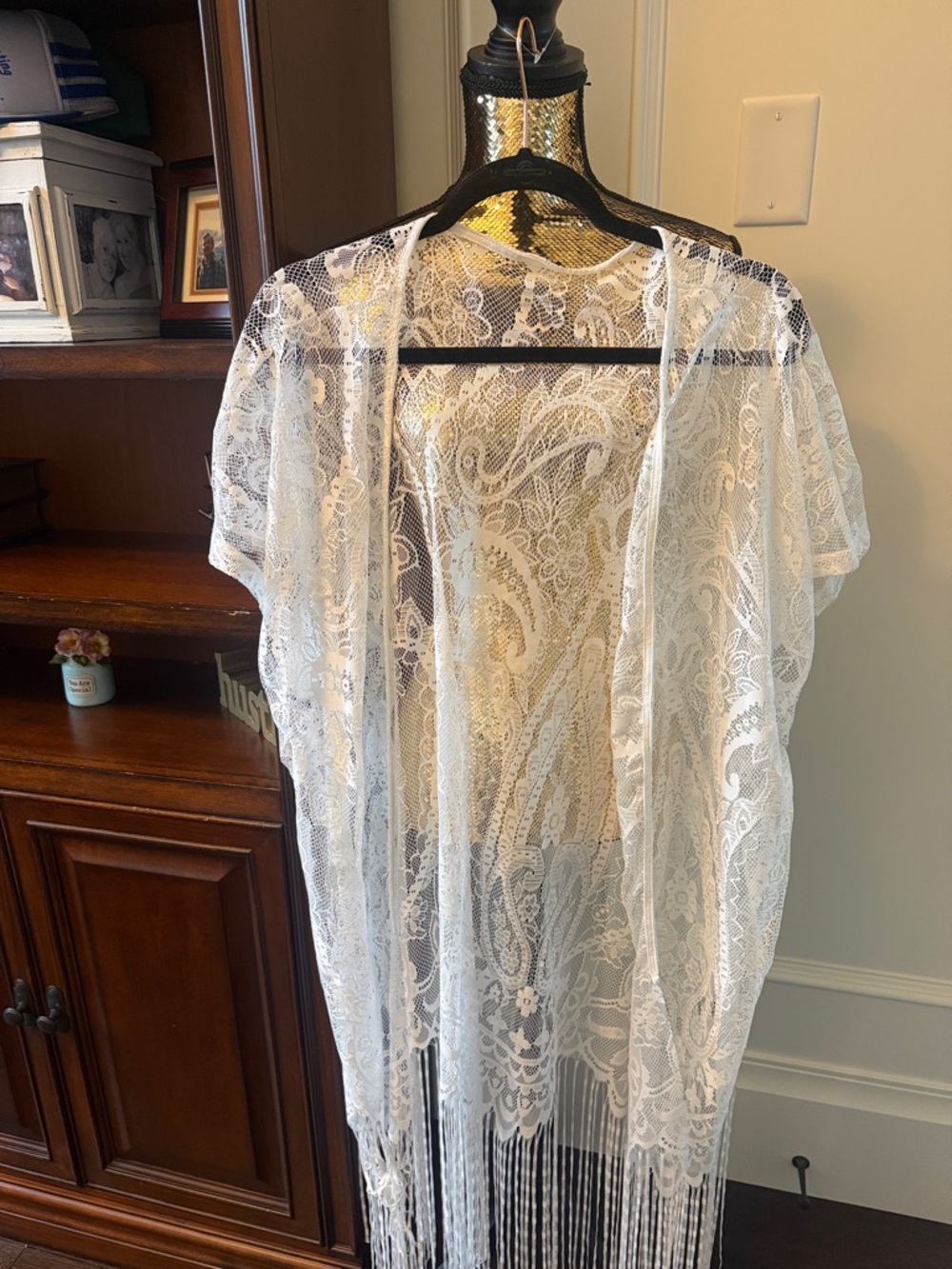 SHEIN White Sheer Lace Fringe Kimono